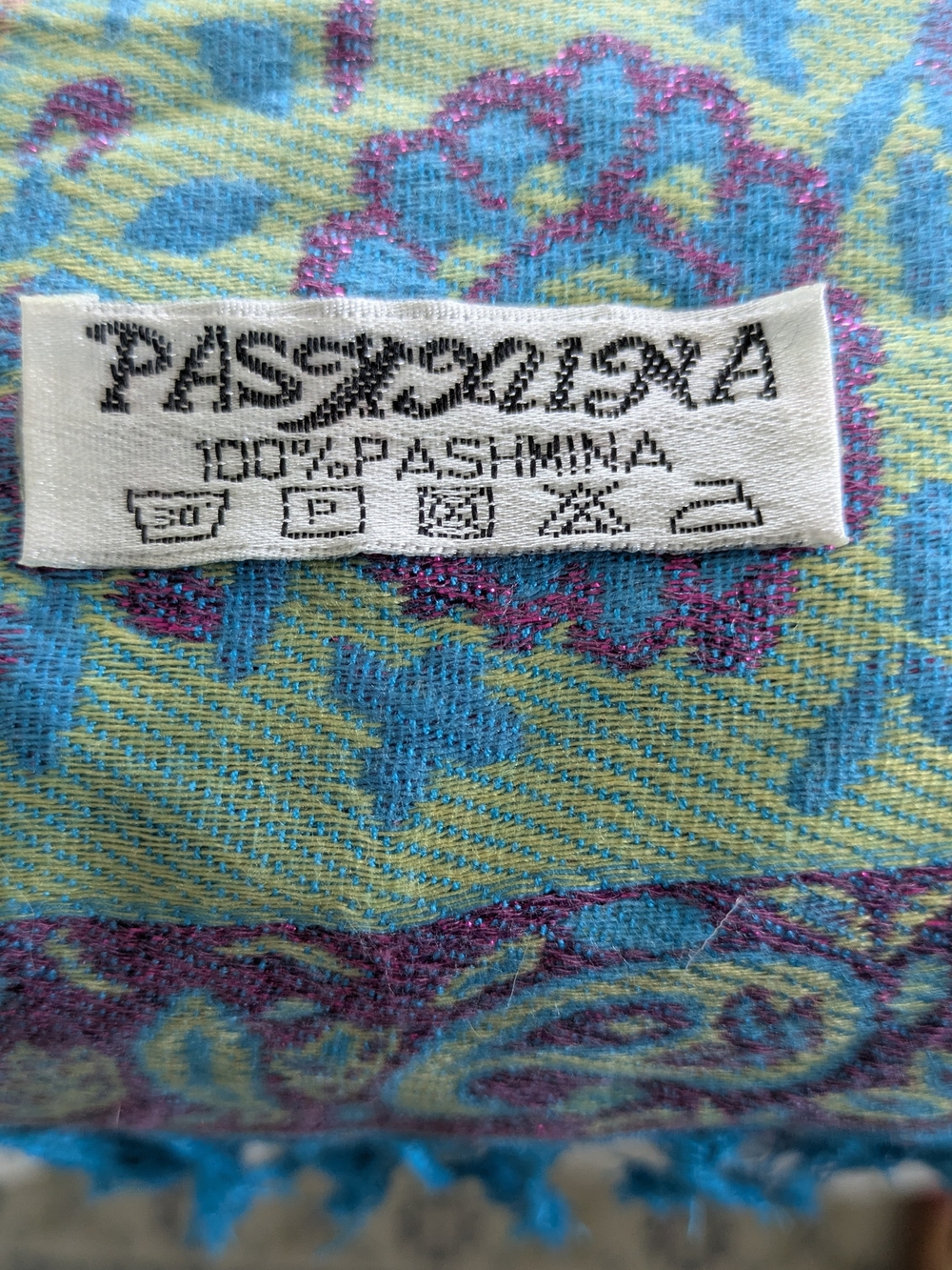Pashmina Paisley Scarf in Turquoise, Yellow & Purple - Picture 3 of 3